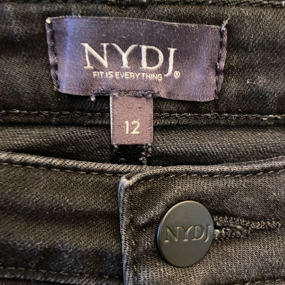 NOT YOUR DAUGHTER’S JEANS, size 12 black jeans with three snap detail at ankle!